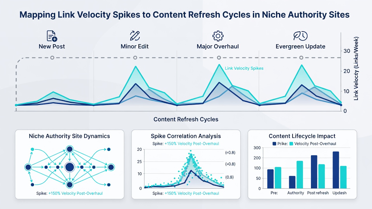 Timeline visualization connecting content update events with corresponding backlink growth rates in niche sites